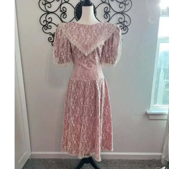 Vintage Gunne Sax Pink Lace & Satin Prairie Dress | Puff Sleeves - Picture 3 of 13